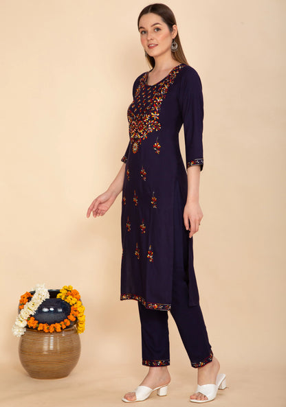 NAVY BLUE RAYON EMBROIDERED KURTA SET NAMOSTRI