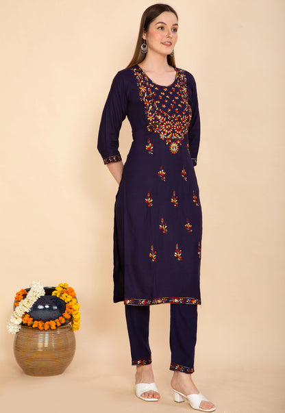 NAVY BLUE RAYON EMBROIDERED KURTA SET NAMOSTRI