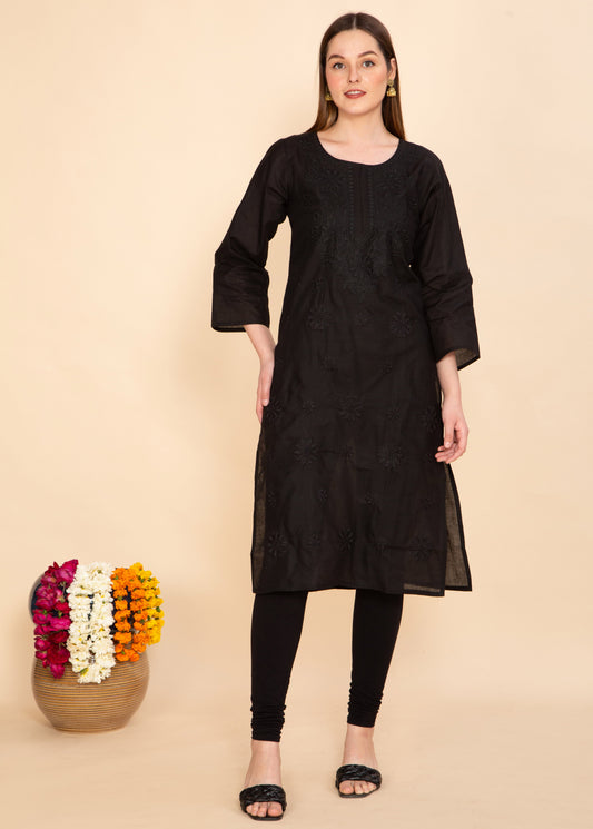 MIDNIGHT BLOOM BLACK COTTON CHIKANKARI KURTA NAMOSTRI