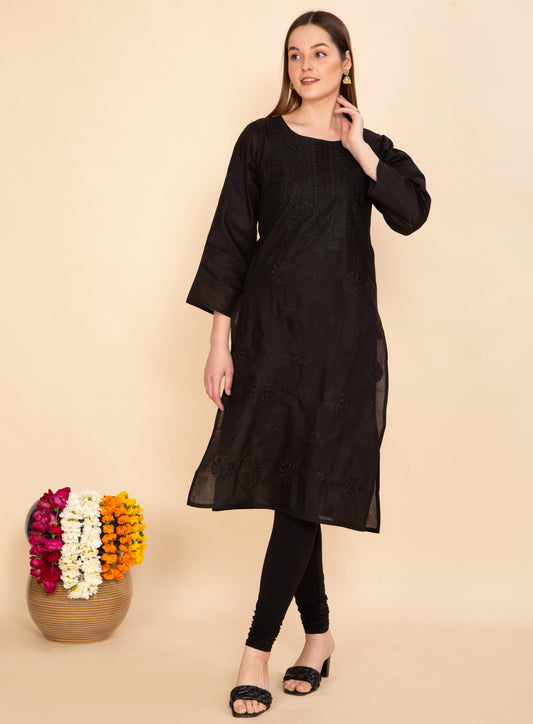 MIDNIGHT BLOOM BLACK COTTON CHIKANKARI KURTA NAMOSTRI