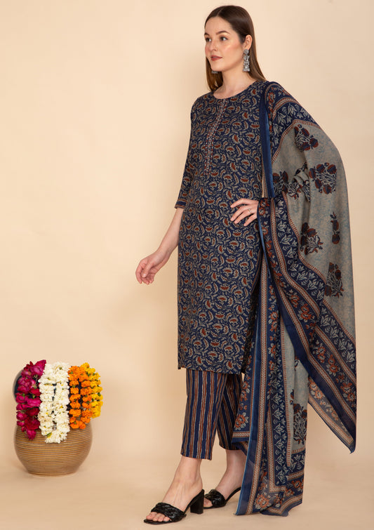 INDIGO GARDEN HAND BLOCK SUIT SET WITH DUPATTA NAMOSTRI