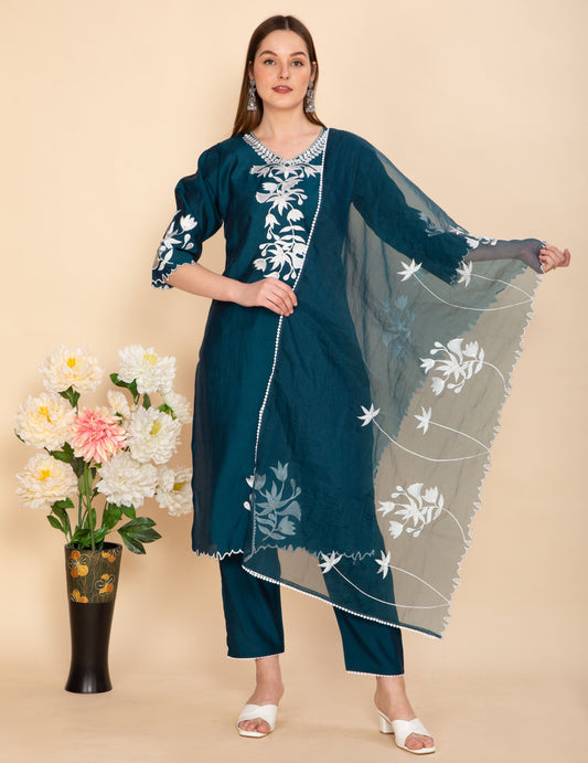 TEAL BLUE FLORAL EMBROIDERED SUIT SET NAMOSTRI