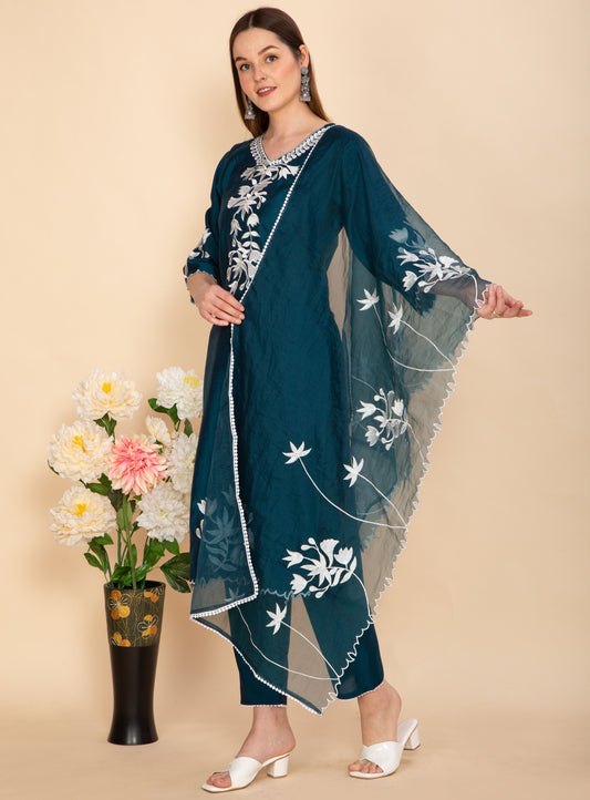 TEAL BLUE FLORAL EMBROIDERED SUIT SET NAMOSTRI