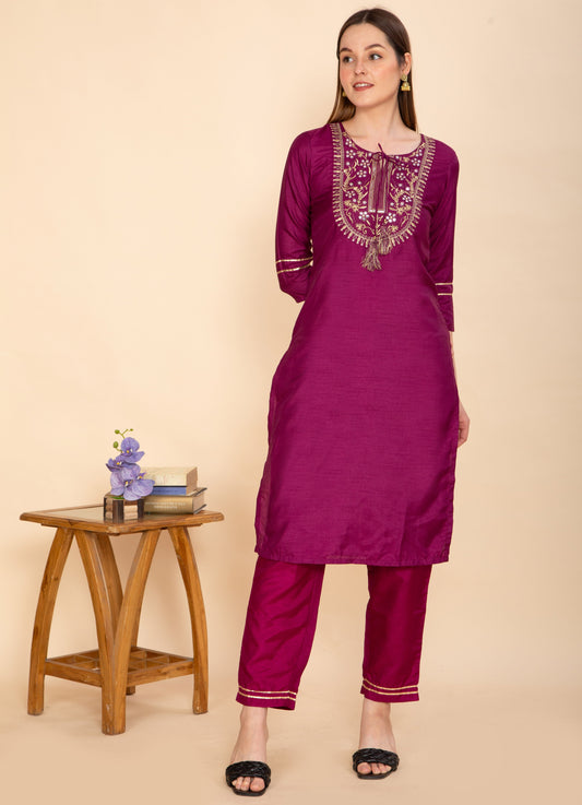 SILK BLEND PURPLE EMBROIDERED STRAIGHT KURTA PANT WITH DUPATTA NAMOSTRI