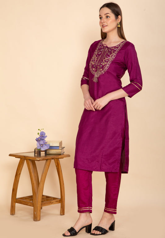 SILK BLEND PURPLE EMBROIDERED STRAIGHT KURTA PANT WITH DUPATTA NAMOSTRI