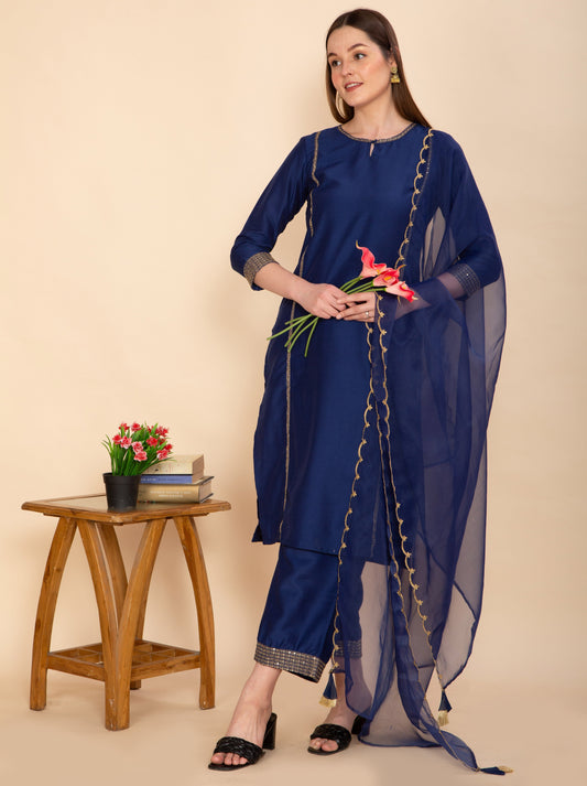 NAVY BLUE SILK BLEND SOLID STRAIGHT KURTA TOURSERS WITH DUPATTA NAMOSTRI