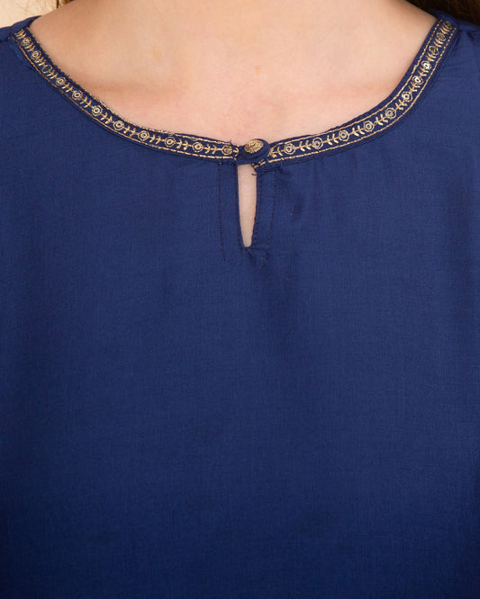 NAVY BLUE SILK BLEND SOLID STRAIGHT KURTA TOURSERS WITH DUPATTA NAMOSTRI