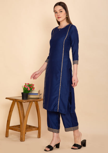 NAVY BLUE SILK BLEND SOLID STRAIGHT KURTA TOURSERS WITH DUPATTA NAMOSTRI
