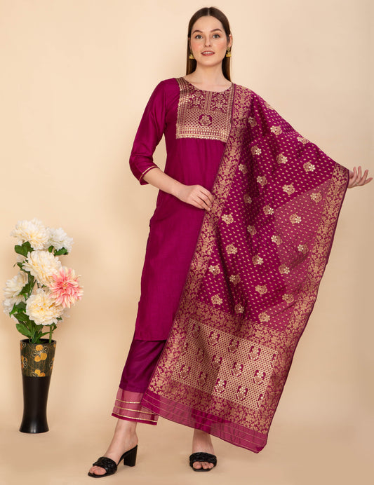 BURGUNDY POLY SILK SOLID STRAIGHT SUIT SET NAMOSTRI