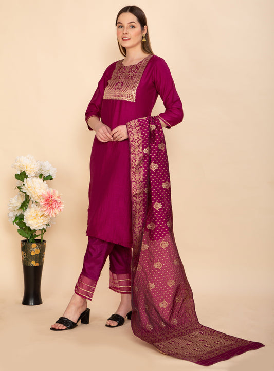 BURGUNDY POLY SILK SOLID STRAIGHT SUIT SET NAMOSTRI