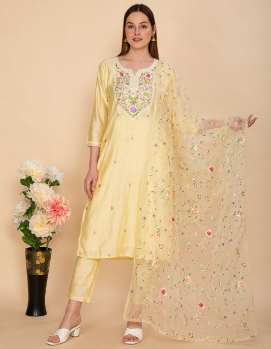YELLOW SILK BLEND SOLID EMBROIDERED STRAIGHT SUIT NAMOSTRI