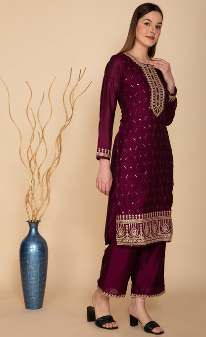 SILK BLEND WINE EMBROIDERED STRAIGHT SUIT SET NAMOSTRI