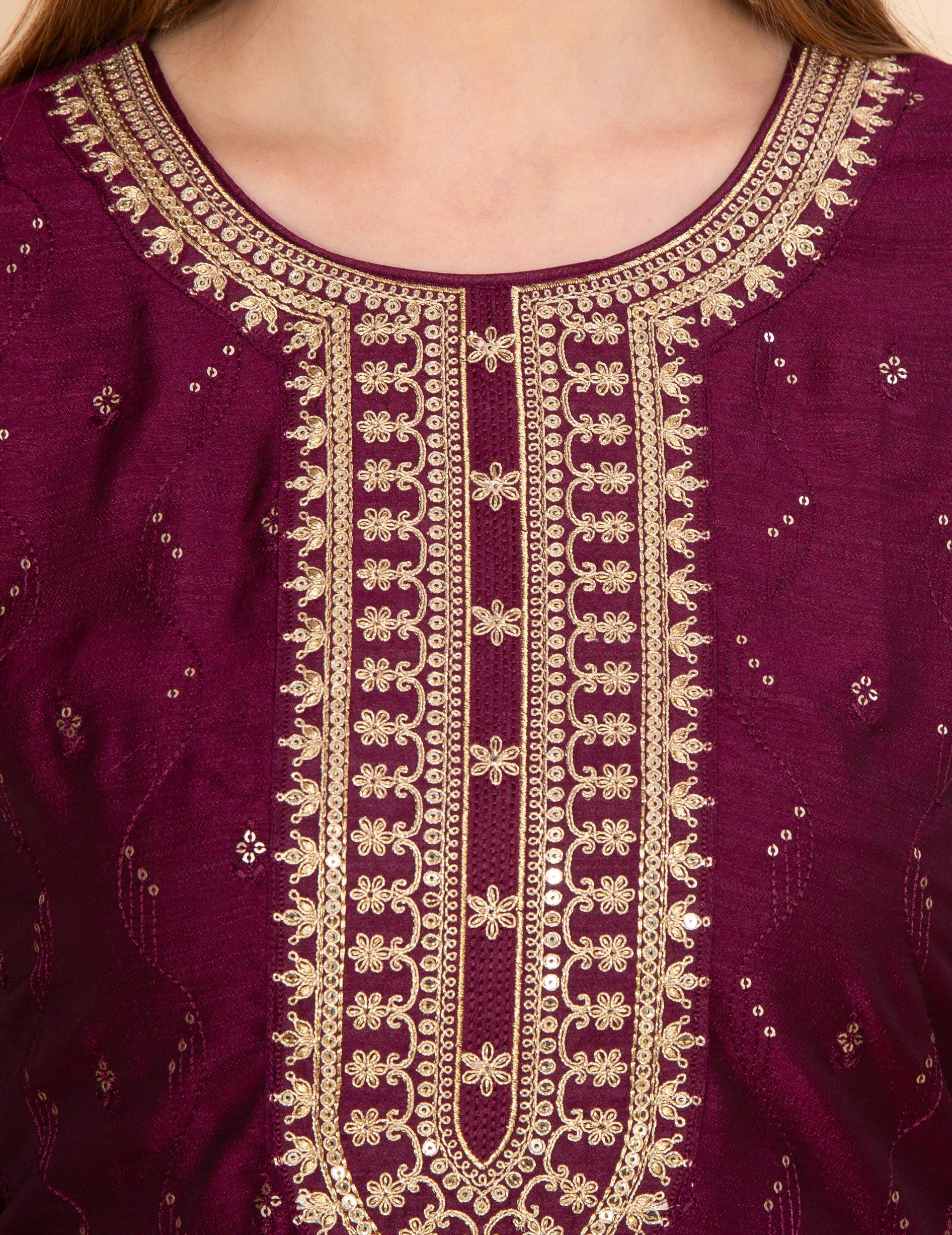 SILK BLEND WINE EMBROIDERED STRAIGHT SUIT SET NAMOSTRI