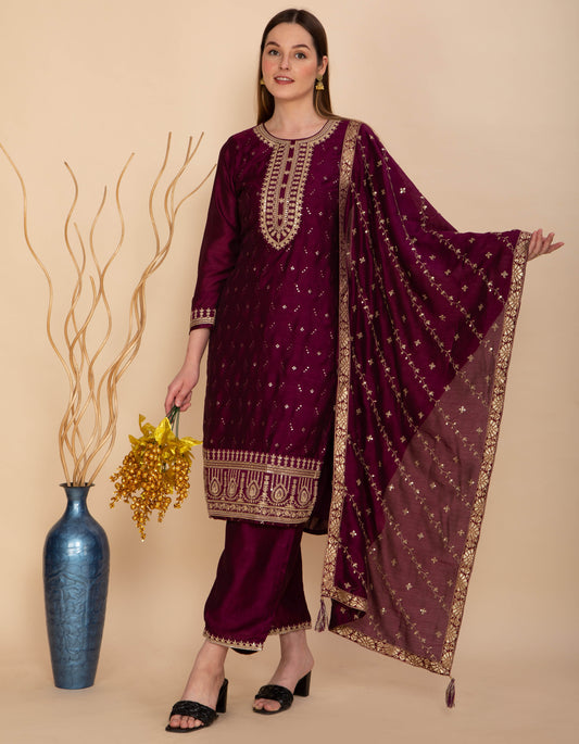 SILK BLEND WINE EMBROIDERED STRAIGHT SUIT SET NAMOSTRI