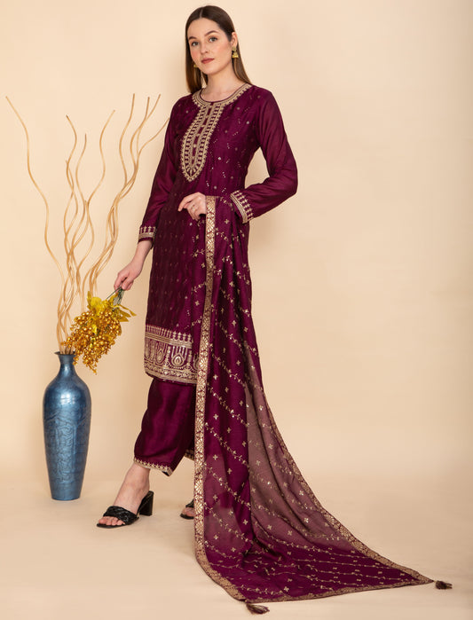 SILK BLEND WINE EMBROIDERED STRAIGHT SUIT SET NAMOSTRI