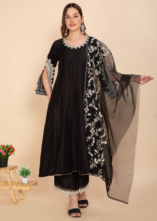 BLACK SILK BLEND SOLID EMBROIDERED ANARKALI TROUSER SUIT SET NAMOSTRI