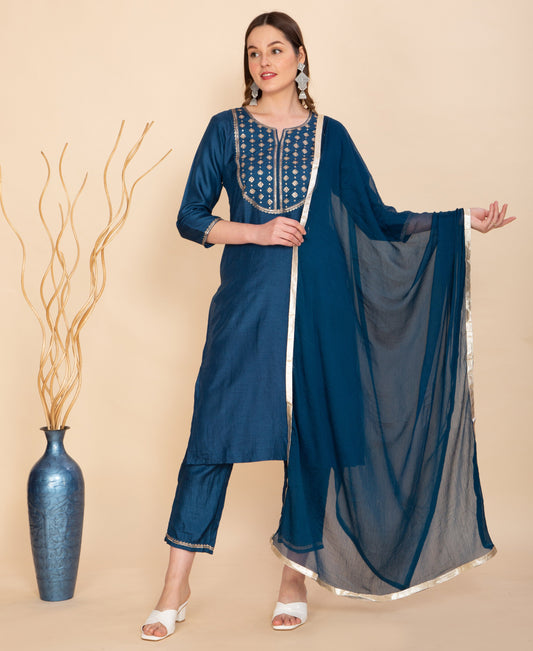 SILK BLEND BLUE EMBROIDERED KURTA NAMOSTRI