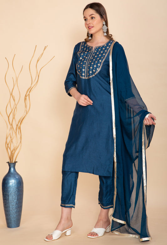 SILK BLEND BLUE EMBROIDERED KURTA NAMOSTRI