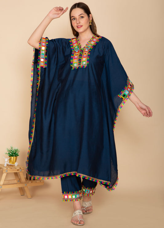 NAVY BLUE KAFTAN SET WITH MULTICOLOR MIRROR WORK NAMOSTRI