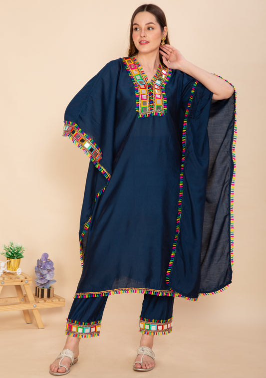 NAVY BLUE KAFTAN SET WITH MULTICOLOR MIRROR WORK NAMOSTRI