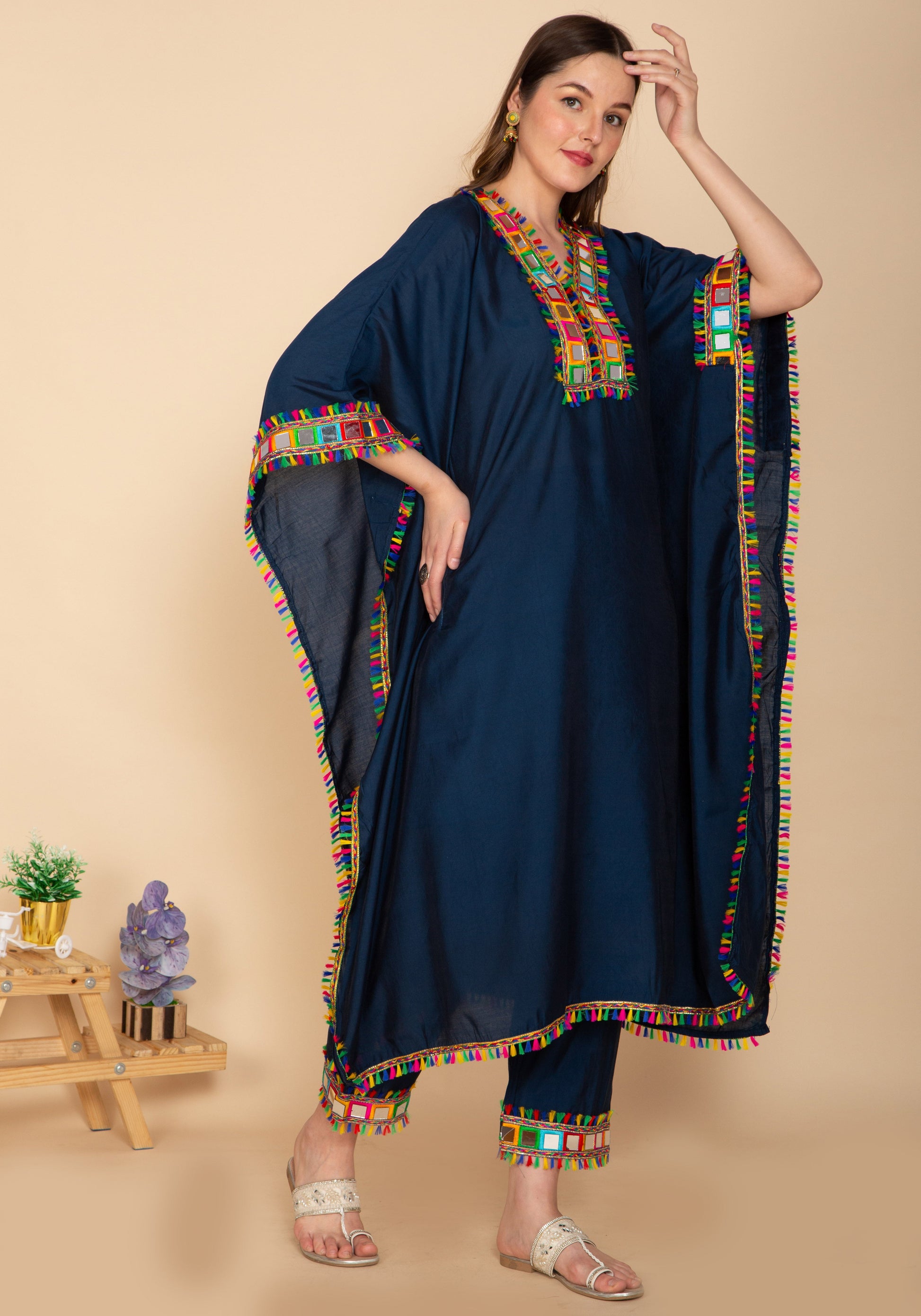 NAVY BLUE KAFTAN SET WITH MULTICOLOR MIRROR WORK NAMOSTRI