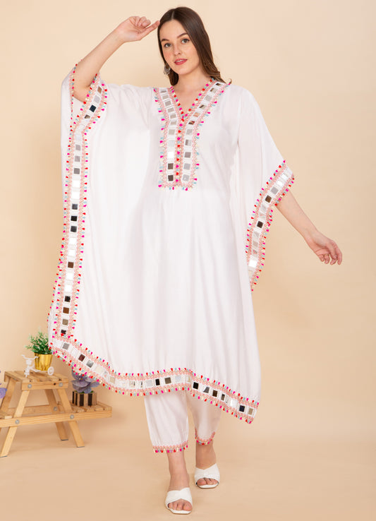 ELEGANT WHITE MIRROR WORK KAFTAN SET NAMOSTRI