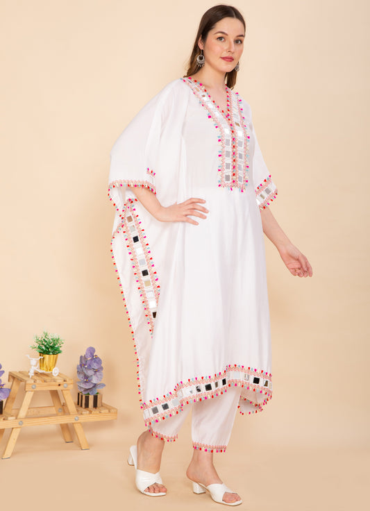 ELEGANT WHITE MIRROR WORK KAFTAN SET NAMOSTRI