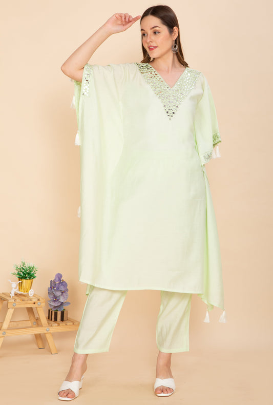 MINT GREEN MIRROR WORK KAFTAN SET NAMOSTRI