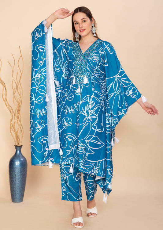 BLUE ABSTRACT PRINT KAFTAN SET NAMOSTRI