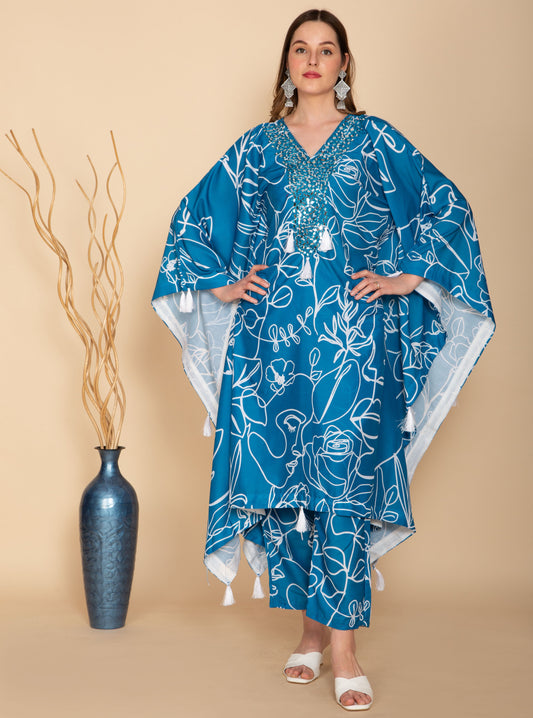 BLUE ABSTRACT PRINT KAFTAN SET NAMOSTRI