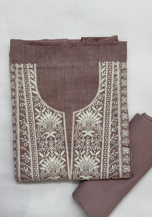 Taupe Khadi Cotton Embroidered Ensemble Unstitched Suit Set Namostri