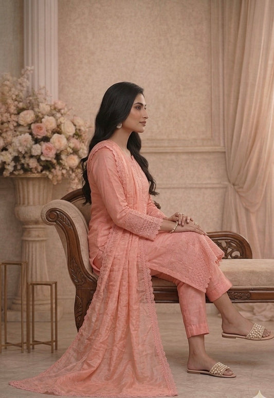 Rose Pink Cotton Blend Embroidered Suit Set