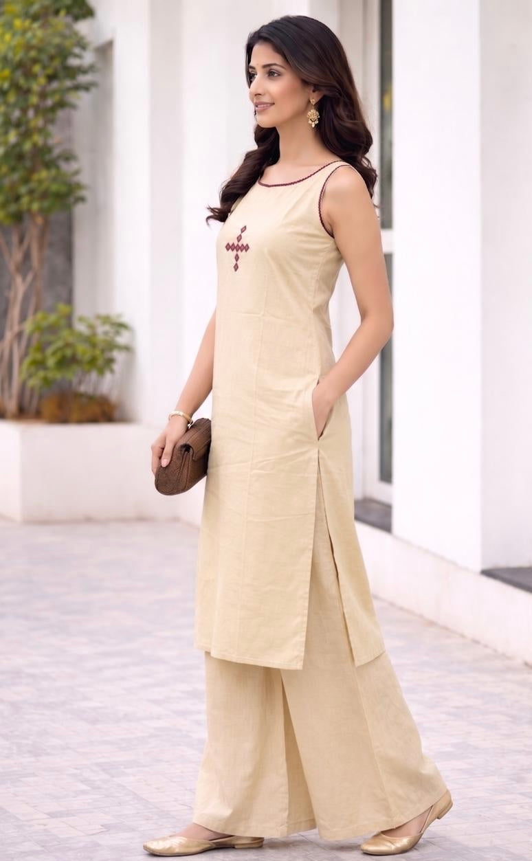 Beige Sleeveless Kurta Palazzo Set