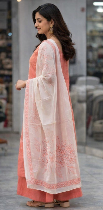 Peach Sleeveless Hand Painted Suit Set