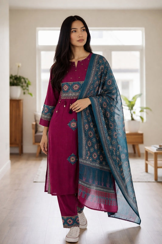 Maroon Cotton Blend Plazo Suit Set