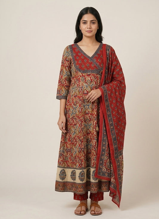 Maroon Ajrakh Regal Angrakha-Anarkali Suit Set