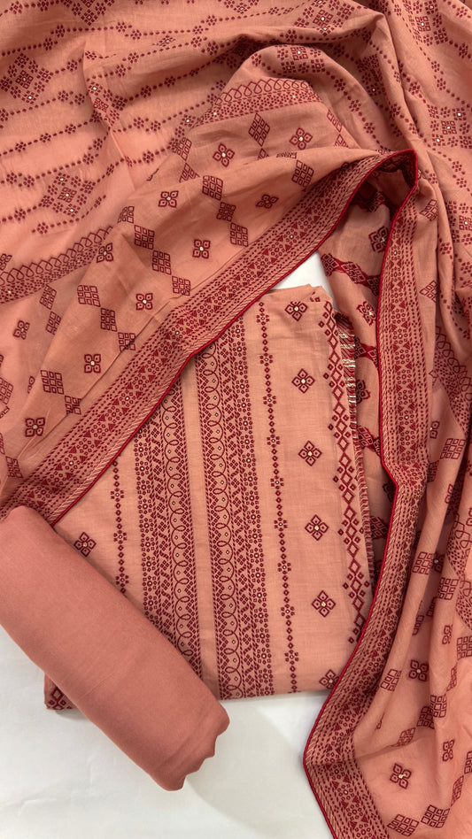 Blush Peach Weaving Cotton Unstitched Suit Set Namostri