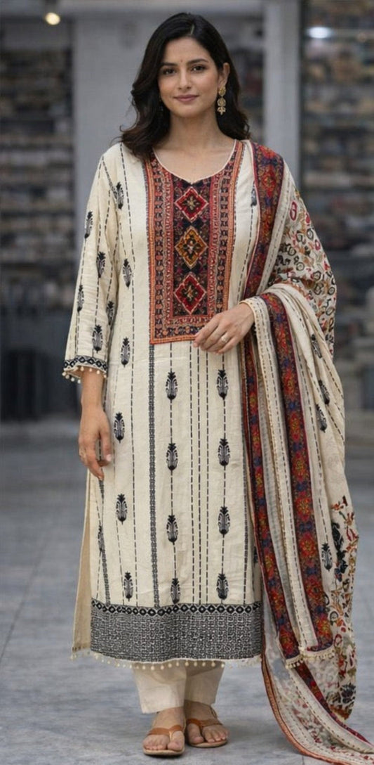 Cream & Ebony Printed Cotton Suit