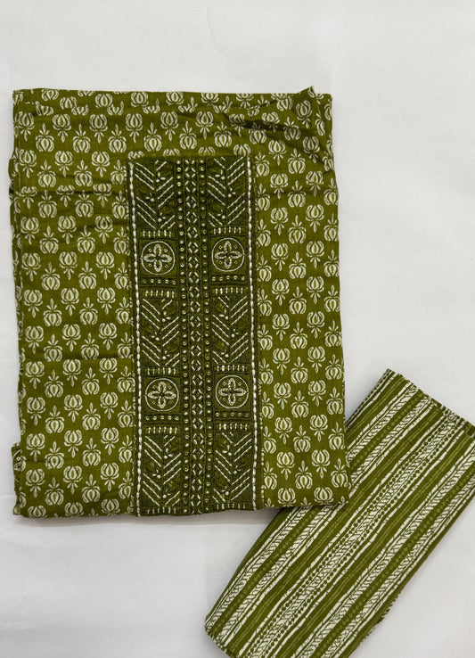 Olive Green Printed Cotton Unstitched Suit Set Namostri