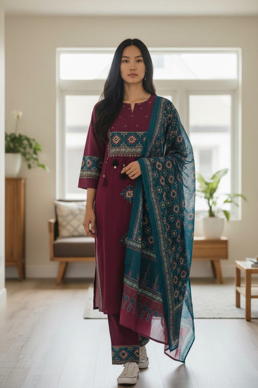 Maroon Cotton Blend Plazo Suit Set