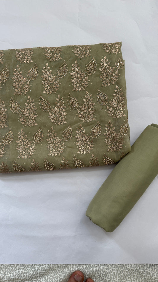 Sage green Shimmer Tissue Embroidered Unstitched Suit Set Namostri