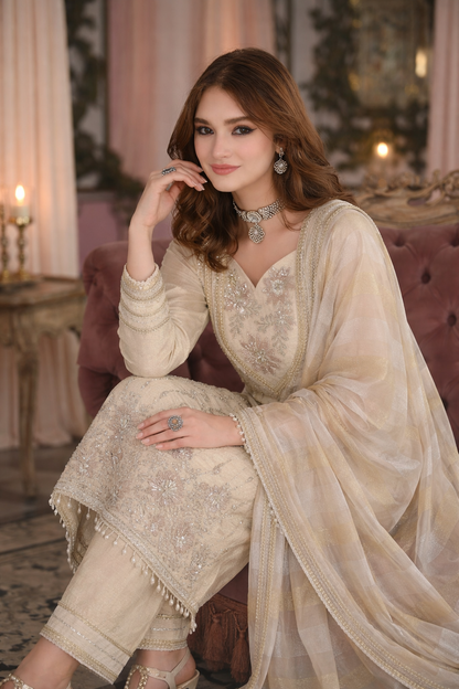 Ivory Chanderi Silk Embroidered Suit Set