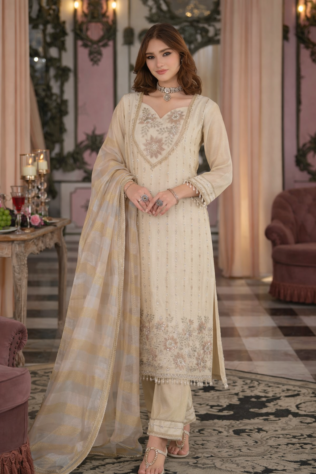 Ivory Chanderi Silk Embroidered Suit Set