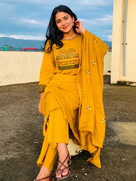 Mustard Yellow A Line  Embroidered Suit Set