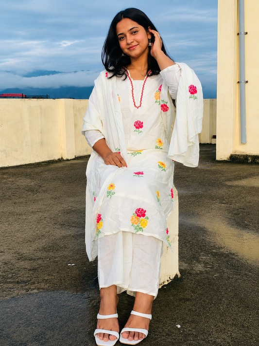 White Floral Embroidered Suit Set