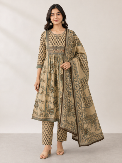 Beige Aura Printed Anarkali Suit Set