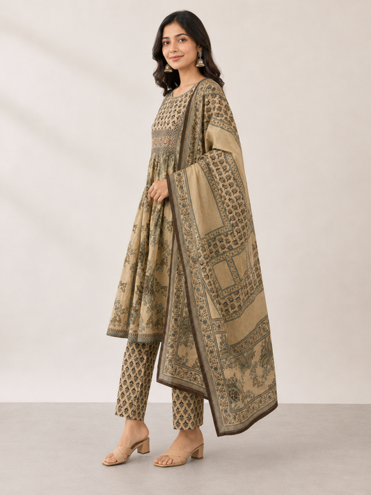 Beige Aura Printed Anarkali Suit Set