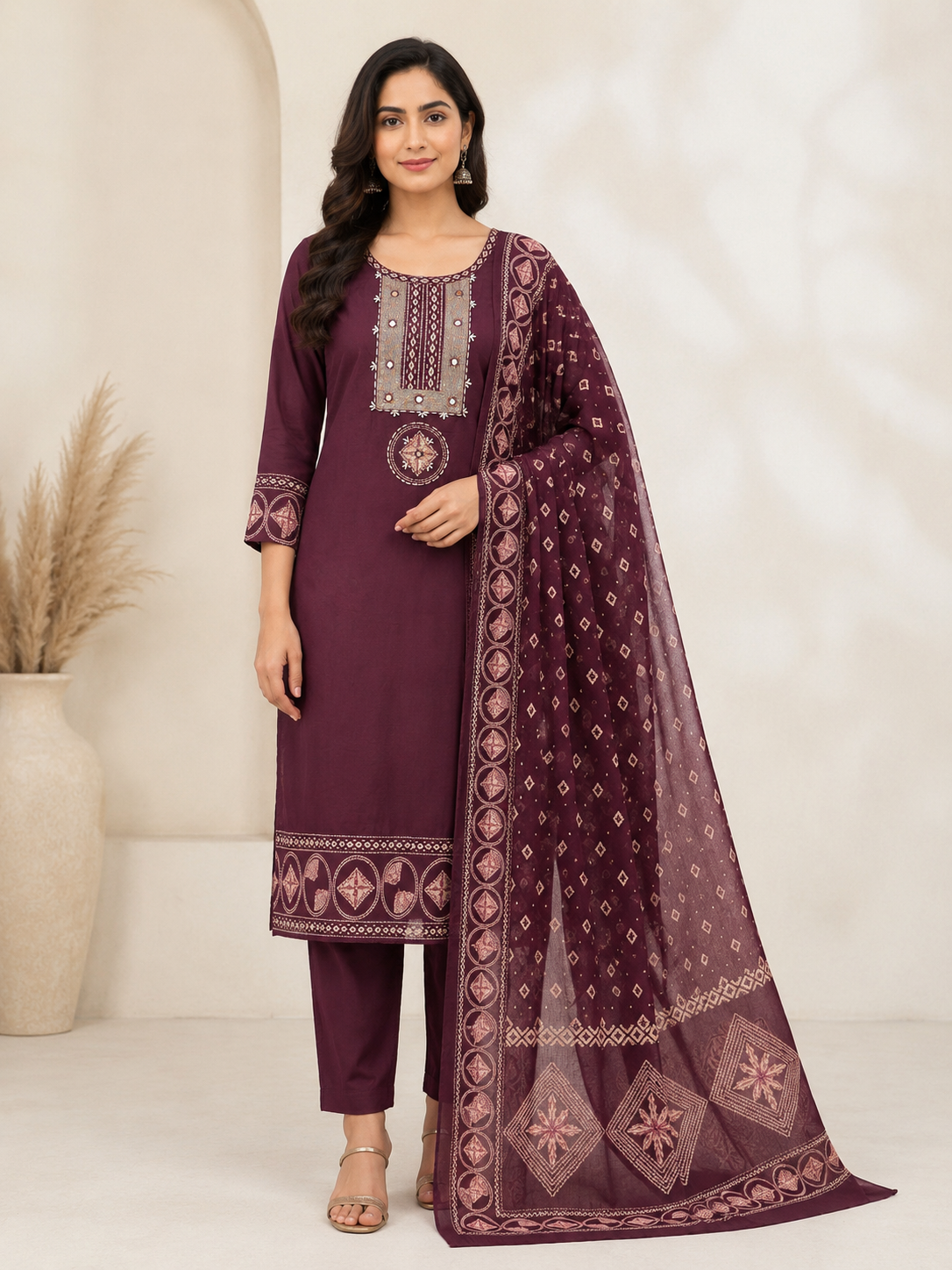 Plum Heritage Straight Suit Set