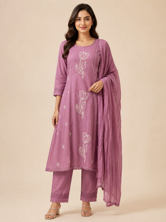 Dusty Rose Embroidered Ethnic Suit Set