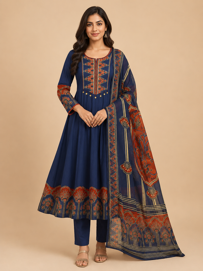 Navy Royal Printed Anarkali Suit Set